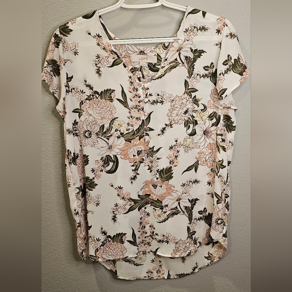 LOFT Blouse. Ivory with Pink and Green Floral designs. Size Medium.